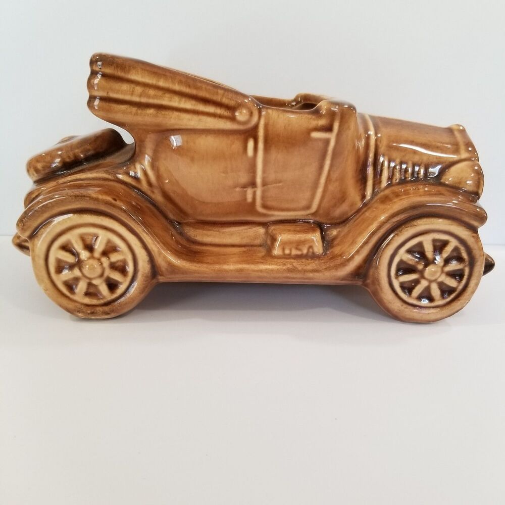 Vintage USA‑Marked Brown Ceramic Car Figurine Planter